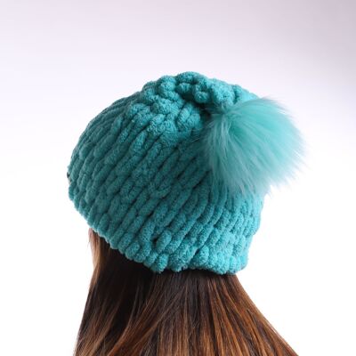 Turquoise winter textured hat with faux fur pom pom
