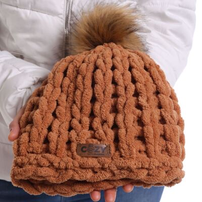 Brown winter textured hat with faux fur pom pom
