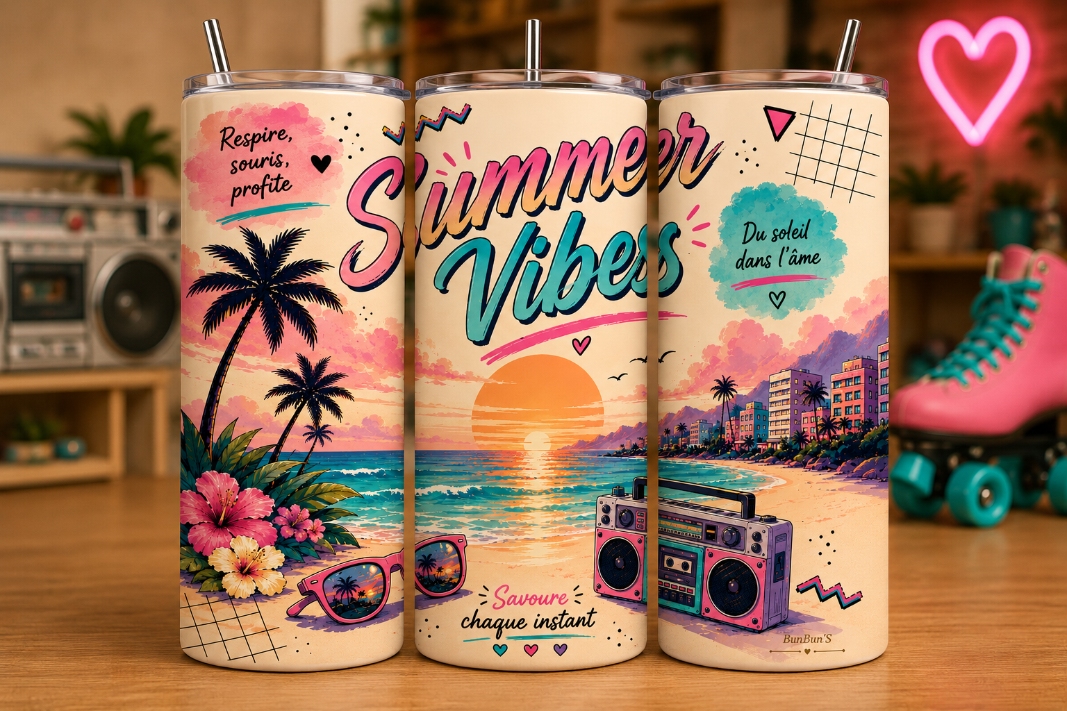 Gobelet Isotherme Années 80 "Summer Vibes" 20oz – Vaso Rétro | Vintage con pailleta metálica