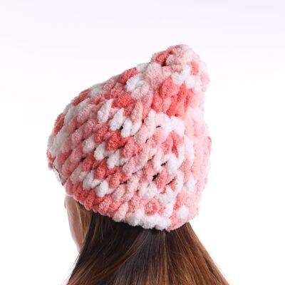 Pink and white winter hat, Multi color hand knit beanie