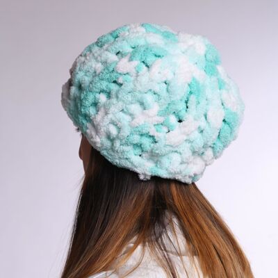 Mint and white winter hat, Multi color hand knit beanie