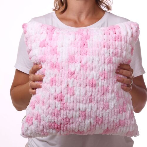Pink and white melange color handmade knitted soft cushion