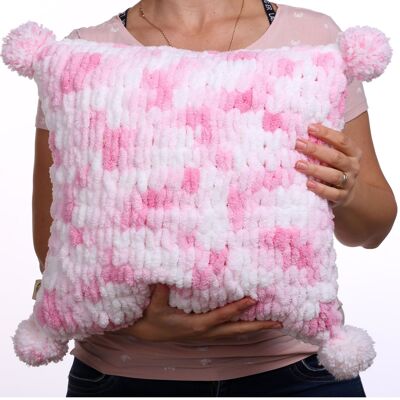 Girls room fluffy handmade pillow, White and pink pom pom pillow
