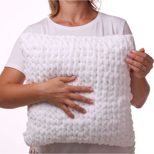 White fluffy pillow, Hugge hand knit plush cushion