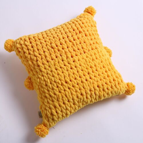 Yellow pillow with pom poms, Hand knitted soft cushion