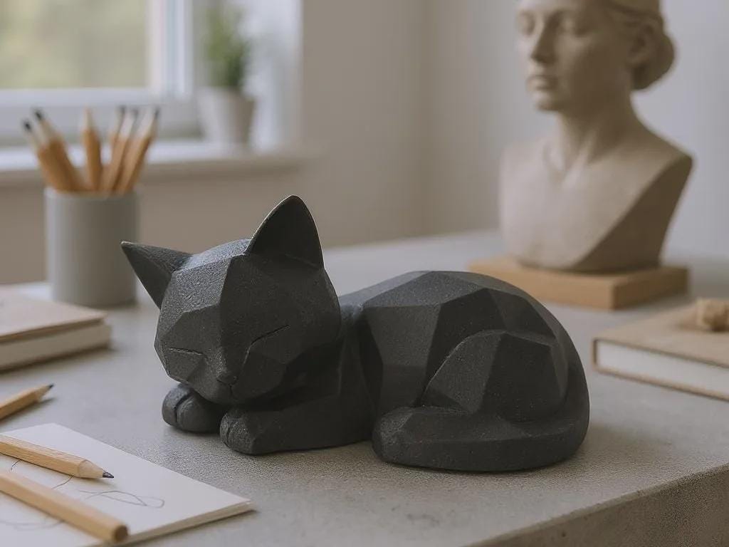 3D Printed Sleeping Kitten Figurine: Minimalist Cat Sculpture
