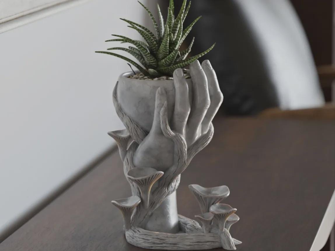 Vaso decorativo moderno e unico con mano e fungo: un'opera d'arte.
