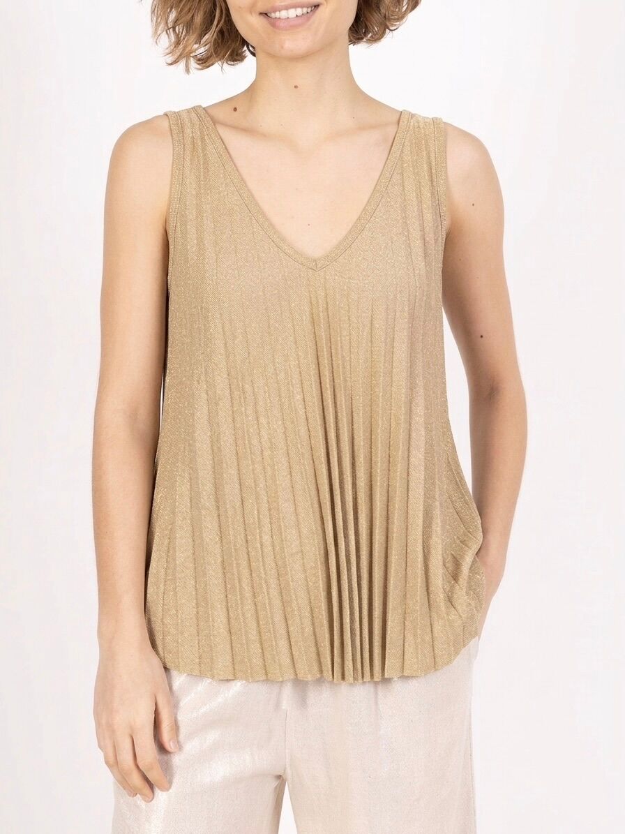 Lurex pleated tank top, loose fit, wide straps, V-neck