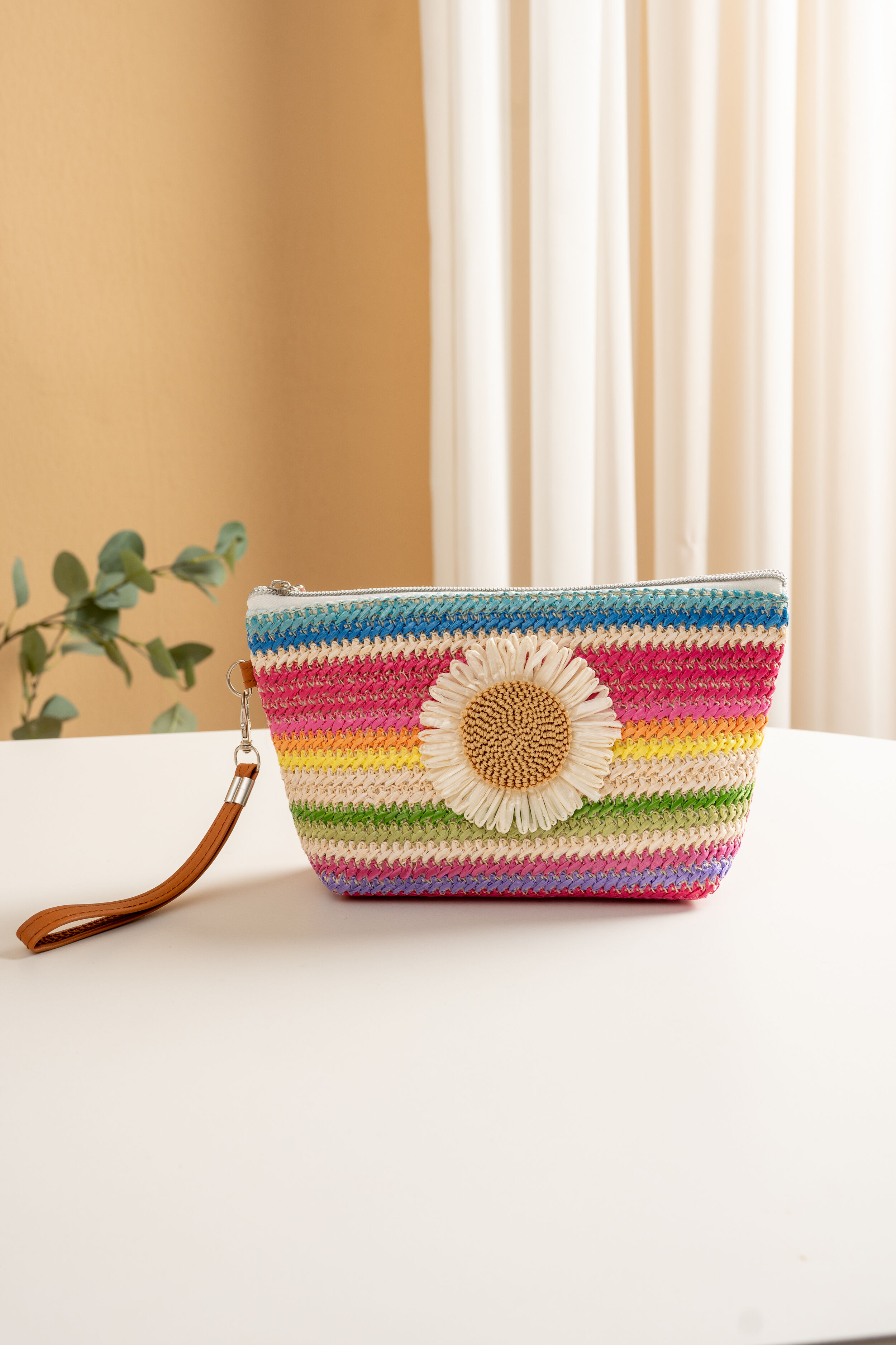 Multicolored floral braided clutch bag, summer handcrafted striped bohemian