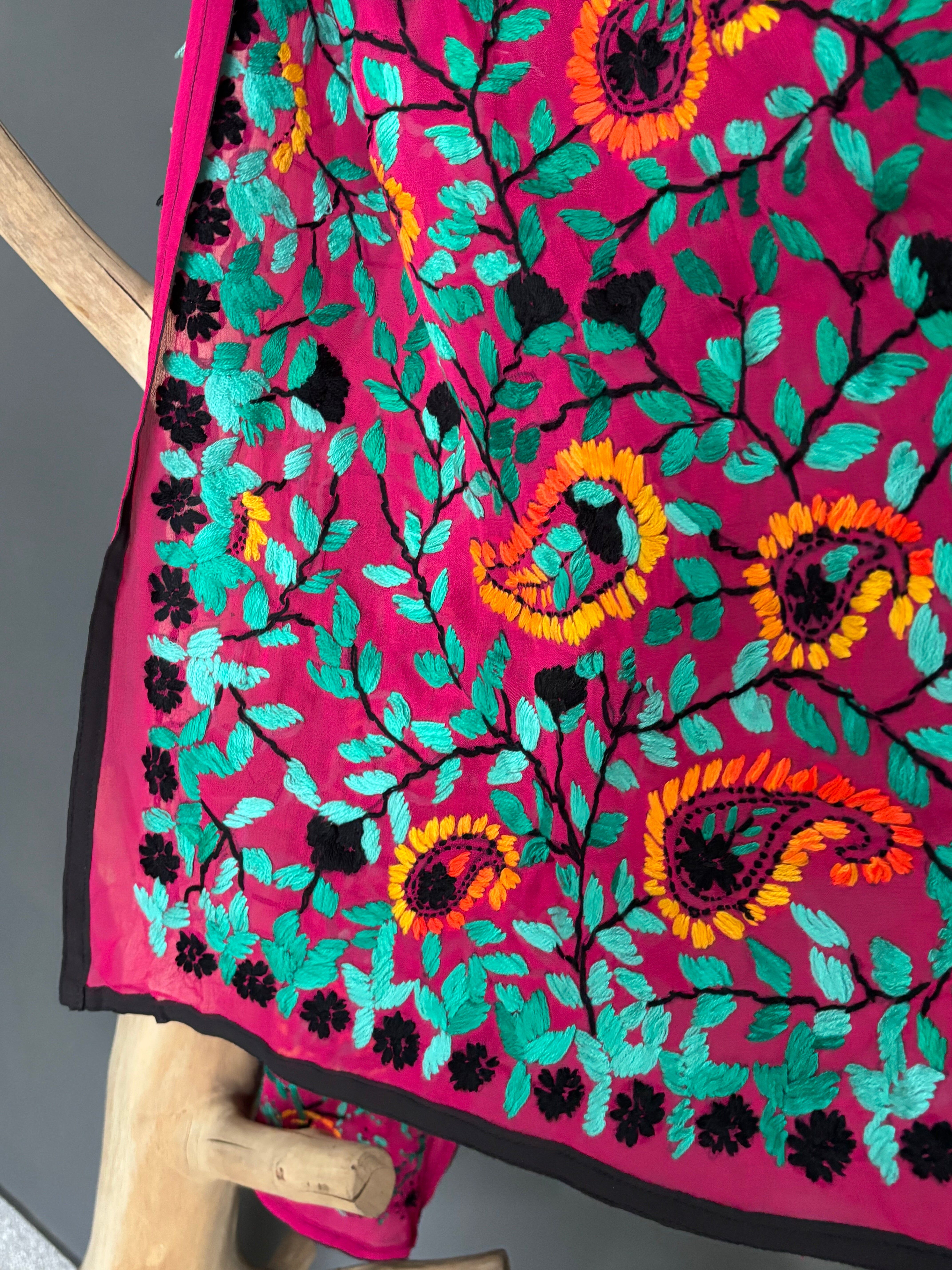 Hand-Embroidered Floral Phulkari Stole