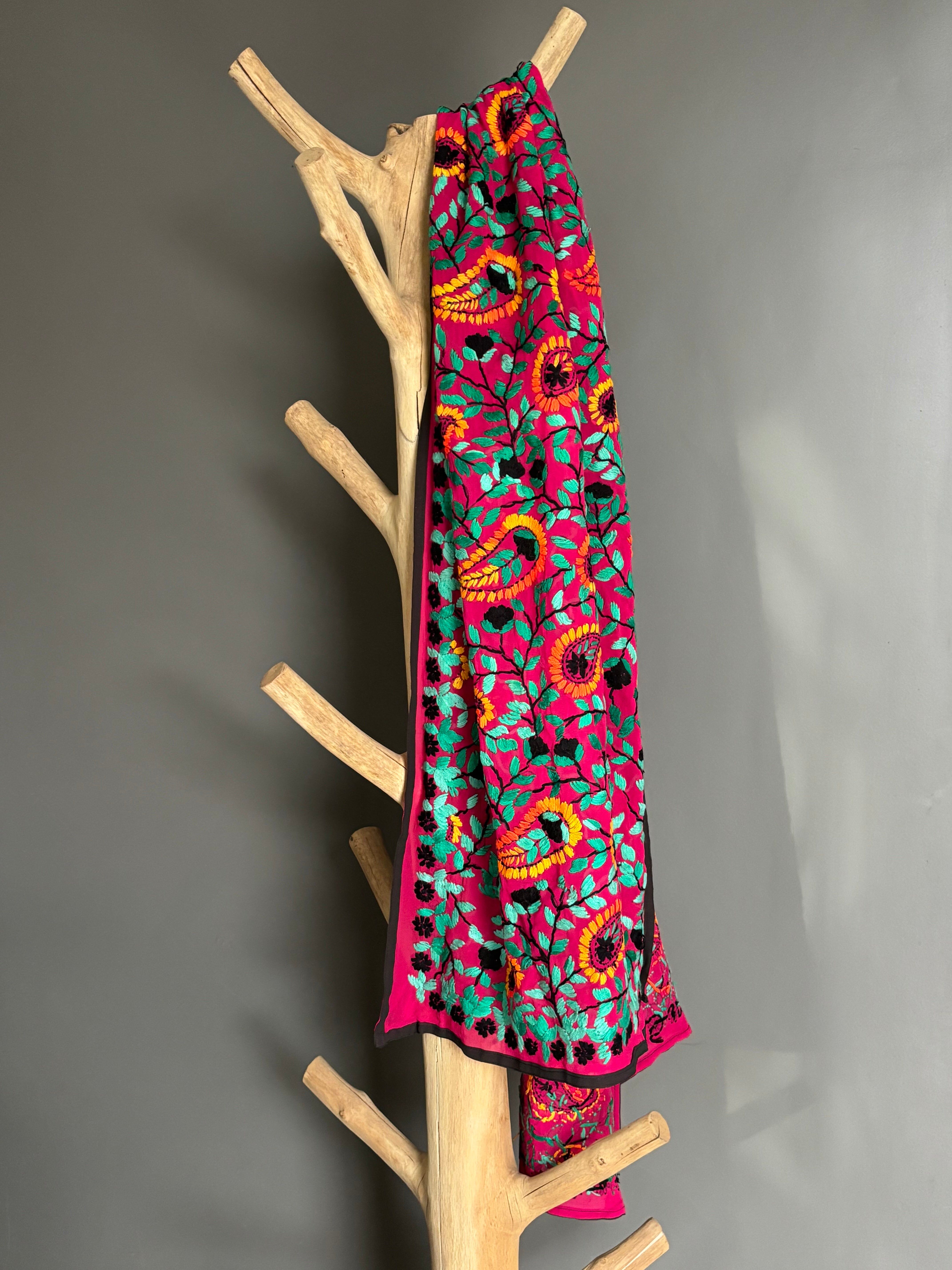 Hand-Embroidered Floral Phulkari Stole