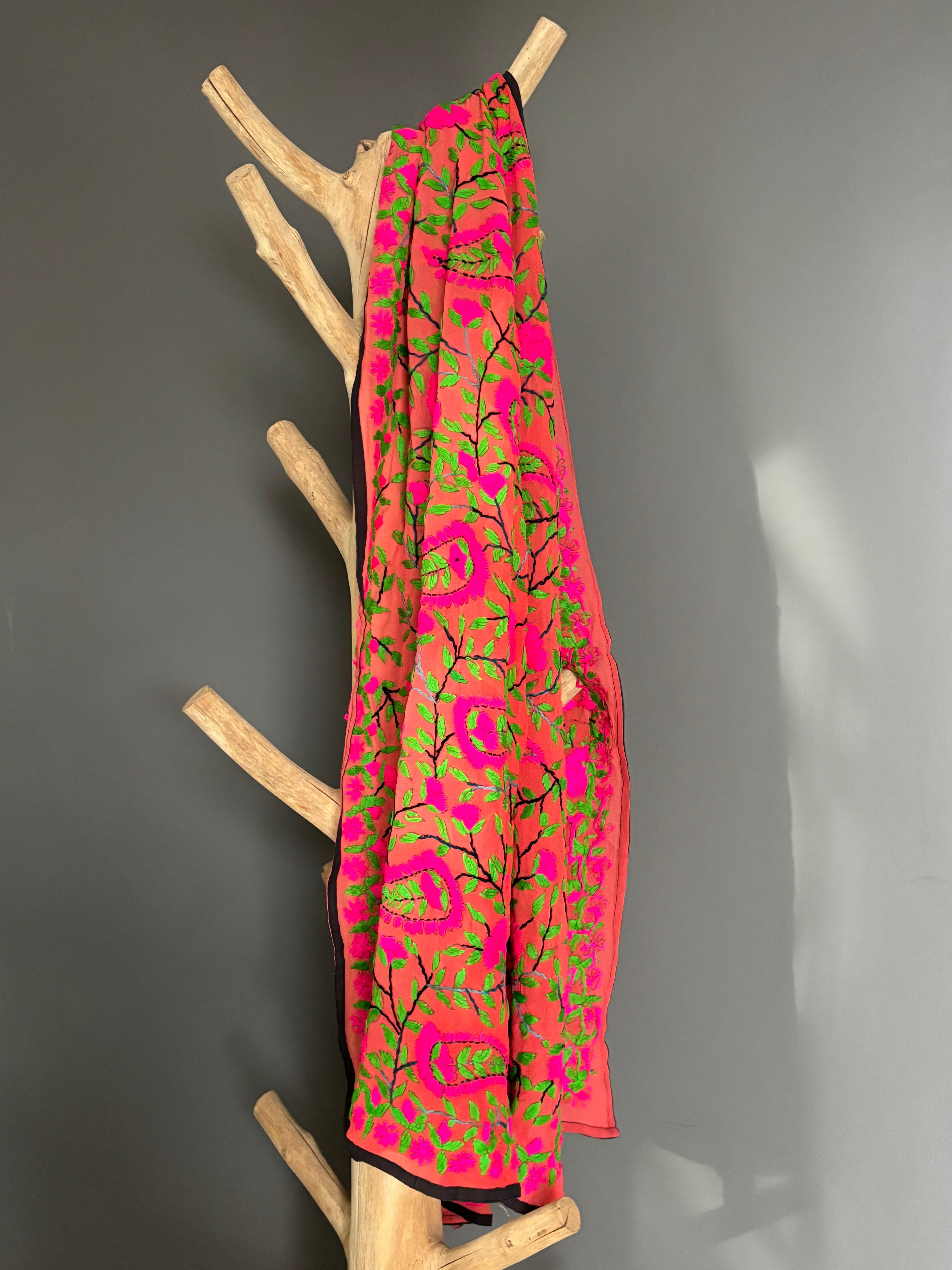 Hand-Embroidered Floral Phulkari Stole