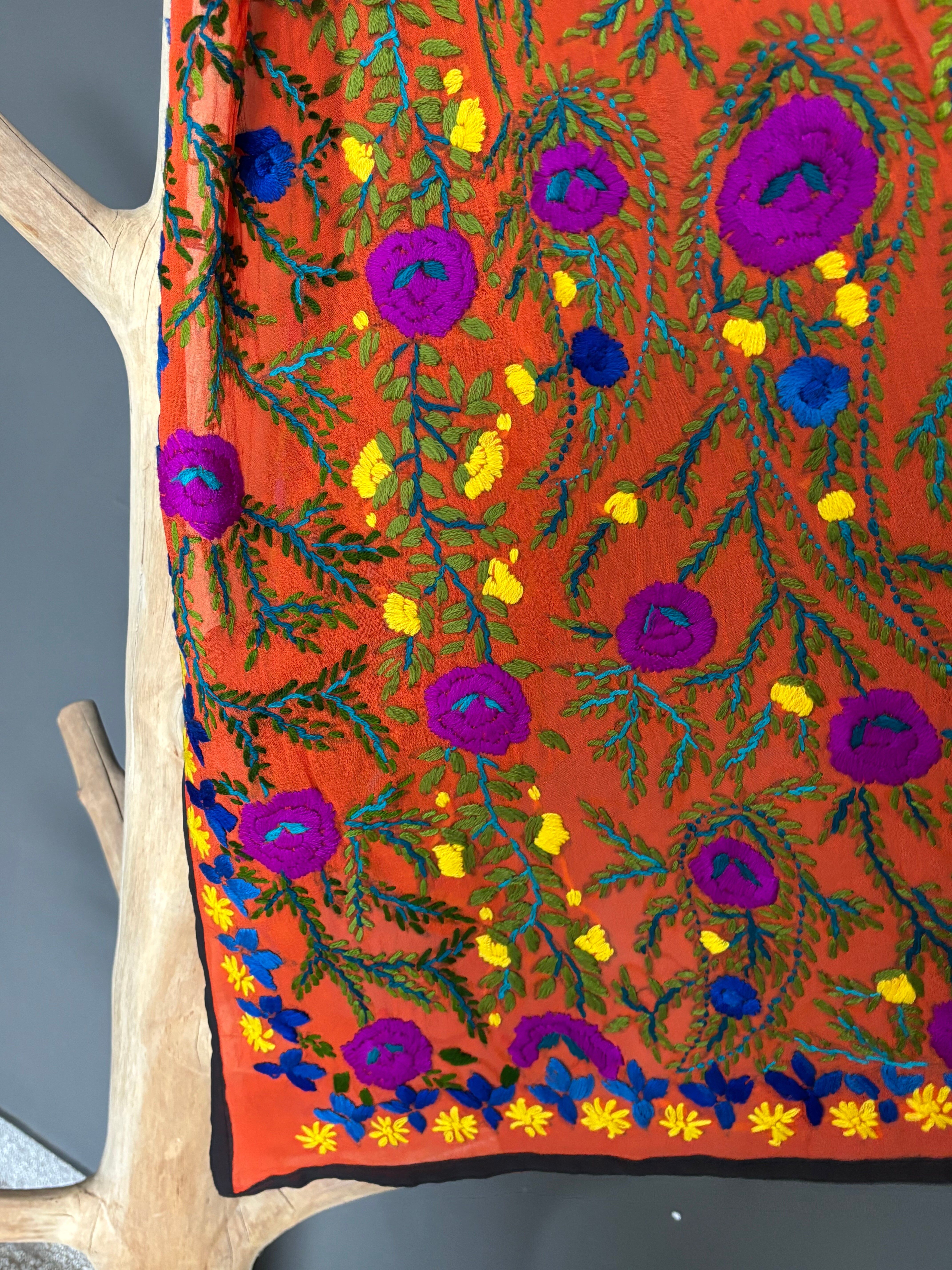 Hand-Embroidered Floral Phulkari Stole