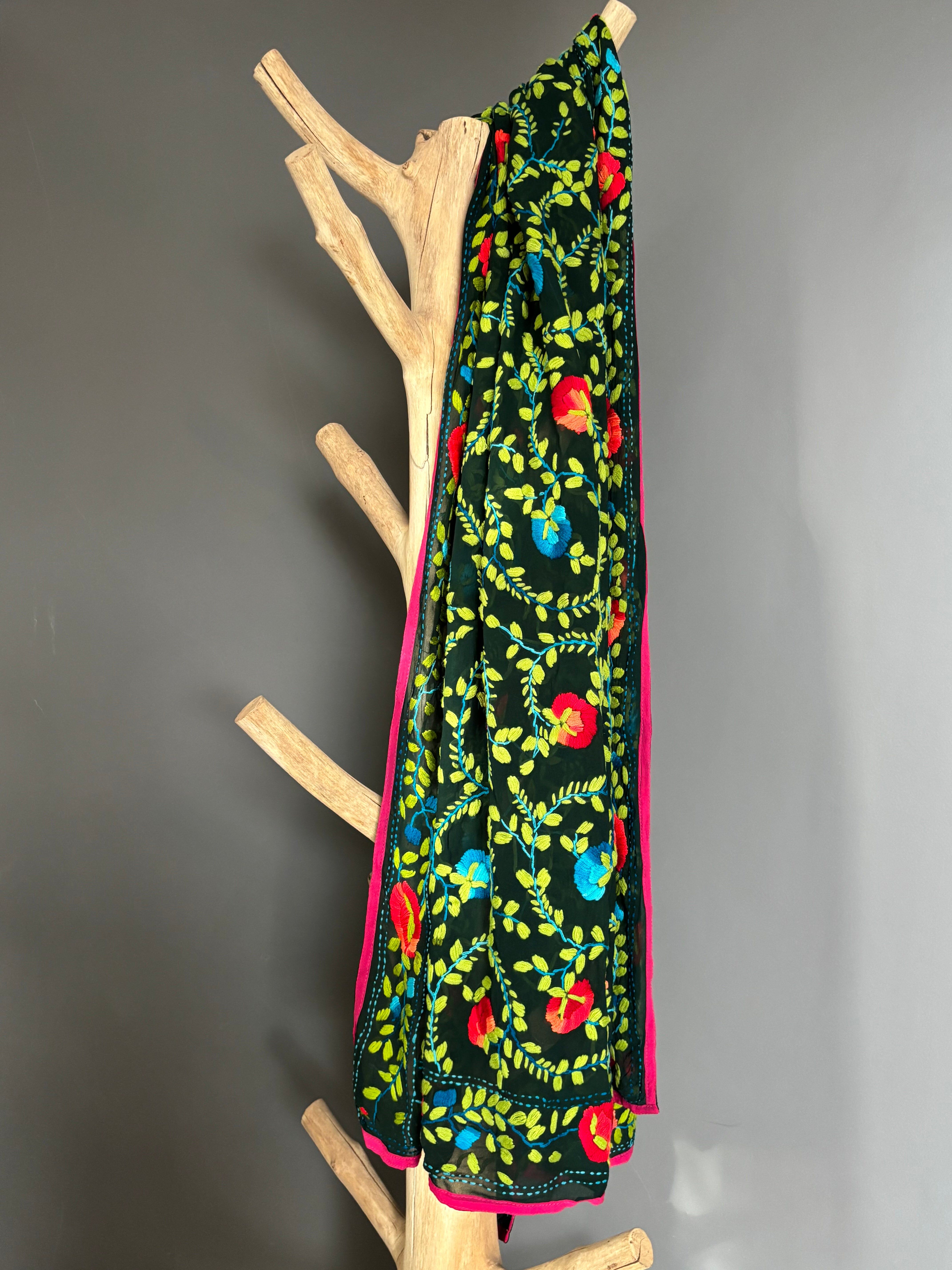 Hand-Embroidered Floral Phulkari Stole