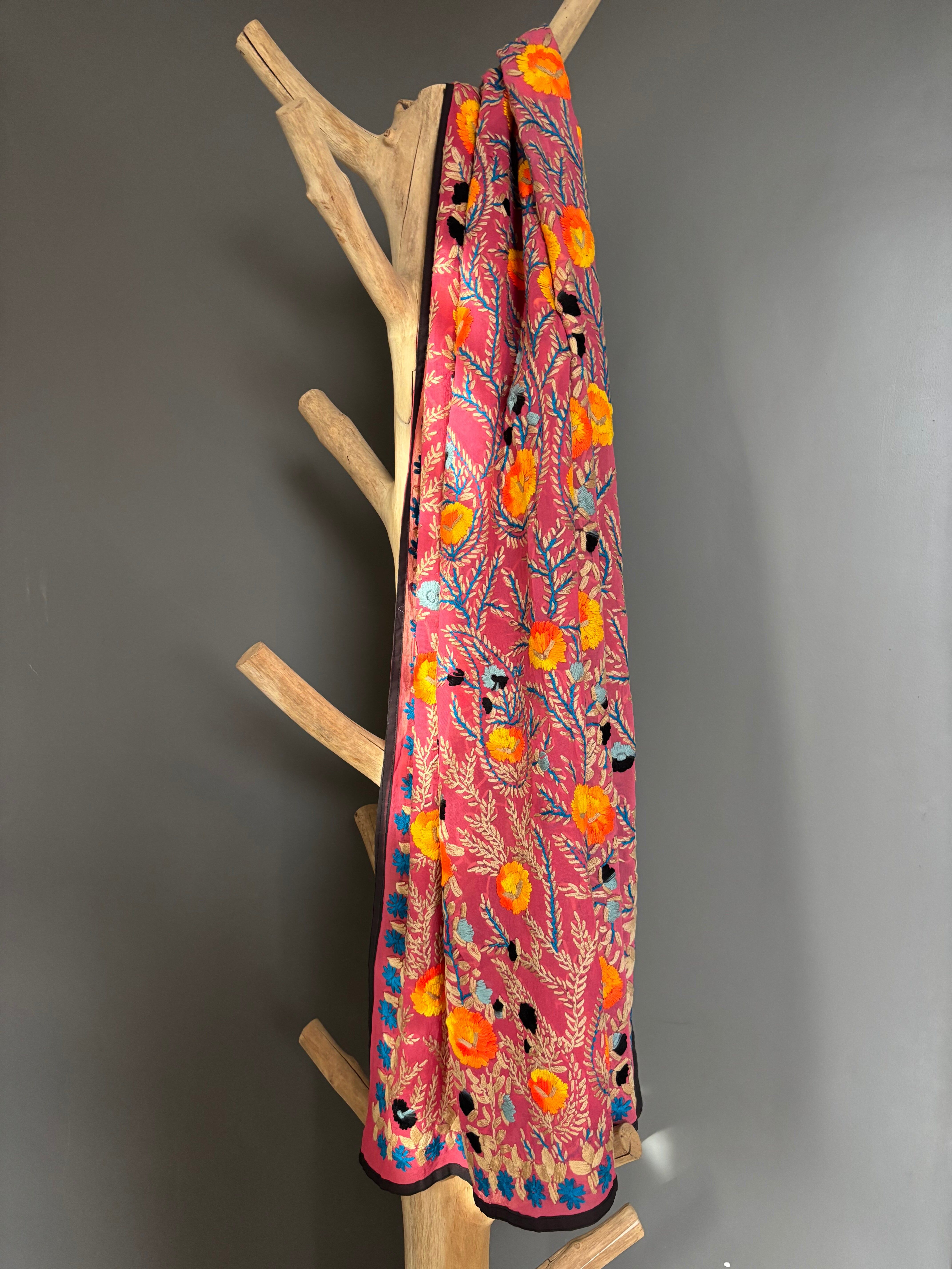 Hand-Embroidered Floral Phulkari Stole