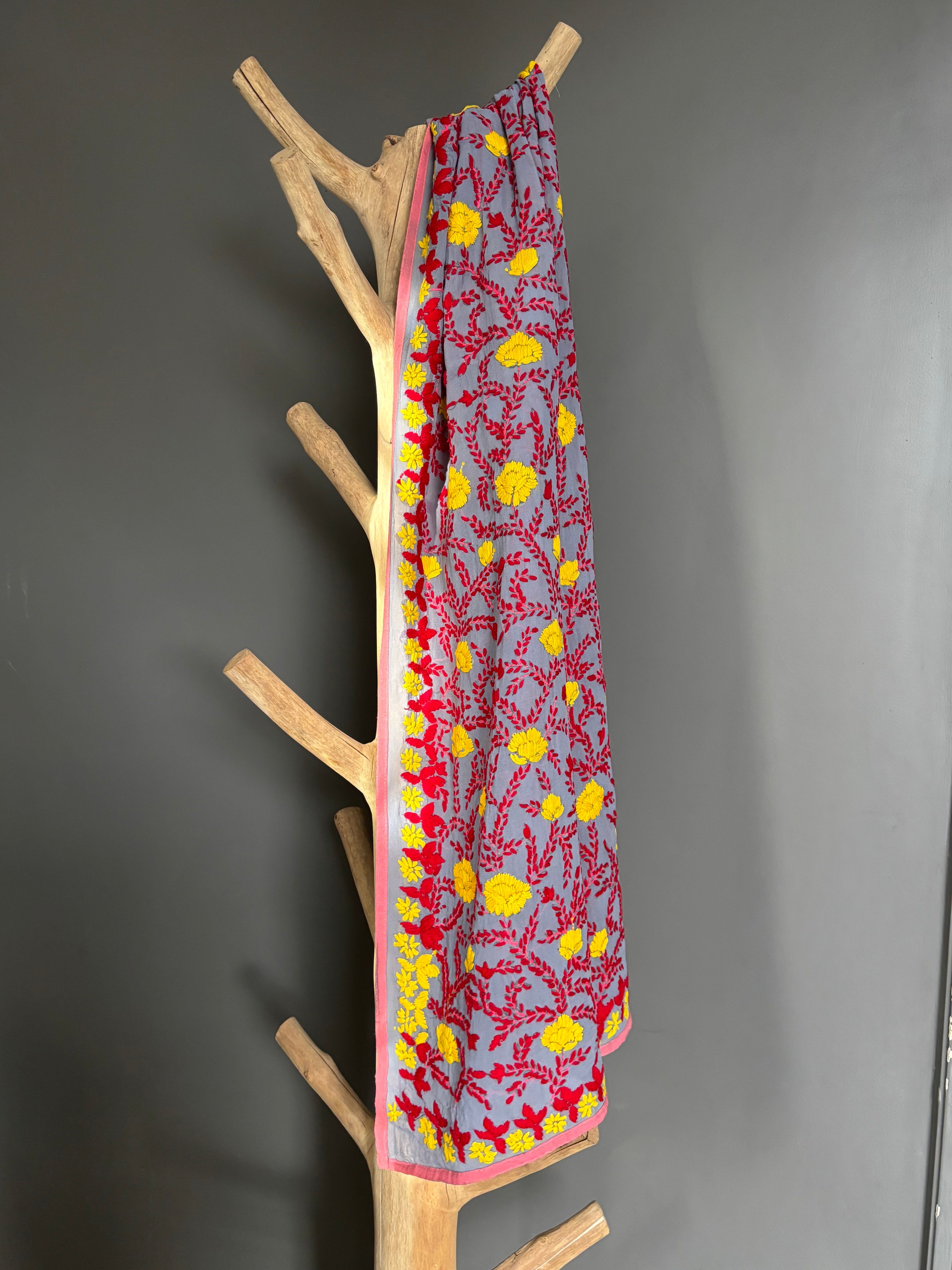 Hand-Embroidered Floral Phulkari Stole