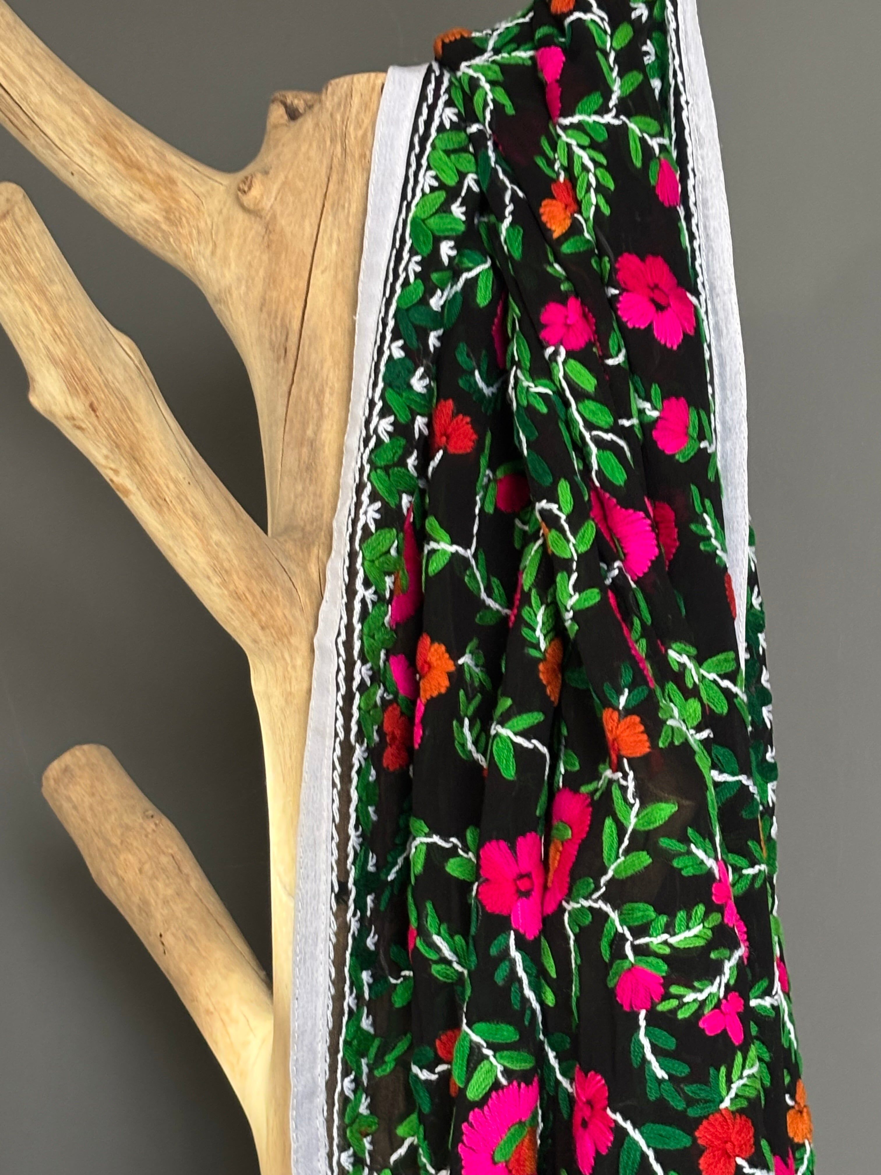 Hand-Embroidered Floral Phulkari Stole
