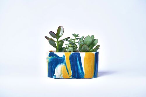 Petite jardinière pour plantes d'intérieur en béton coloré -  Béton Tie&Dye Jaune et Bleu Pétrole