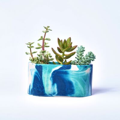 Small planter for indoor plants in colored concrete - Concrete Tie & Dye Turquoise and Petrol Blue