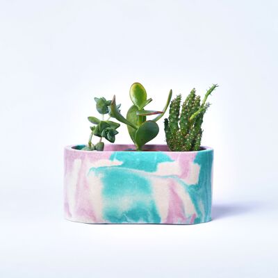 Kleines Pflanzgefäß für Zimmerpflanzen aus farbigem Beton - Concrete Tie & Dye Pink and Turquoise