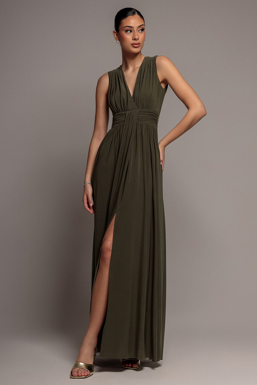 Maxikleid DR5005 mit gerafften Schultern, Wickelkragen und drapierter Taille