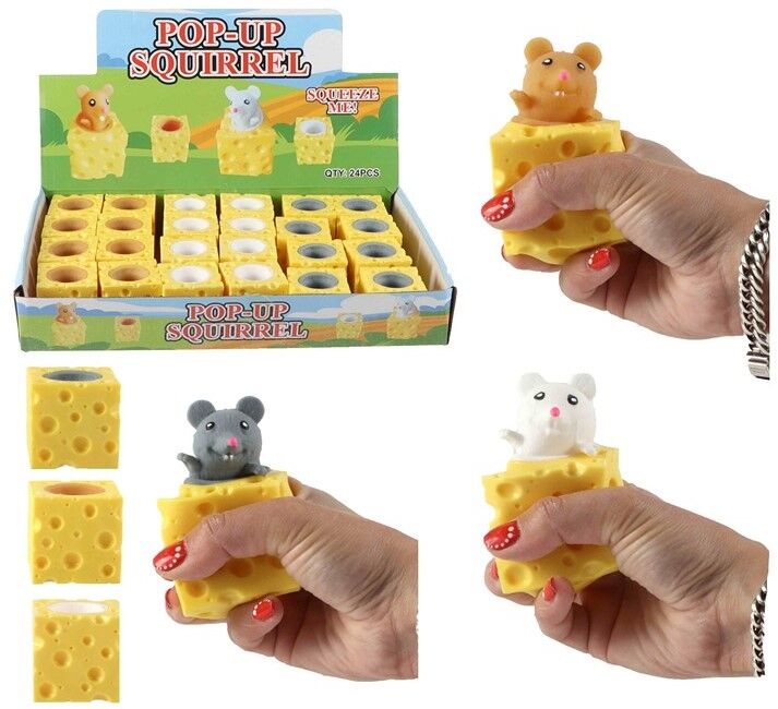 Souris à presser, 5 cm de hauteur, sortie d'un cube de fromage, 3 couleurs assorties présentées