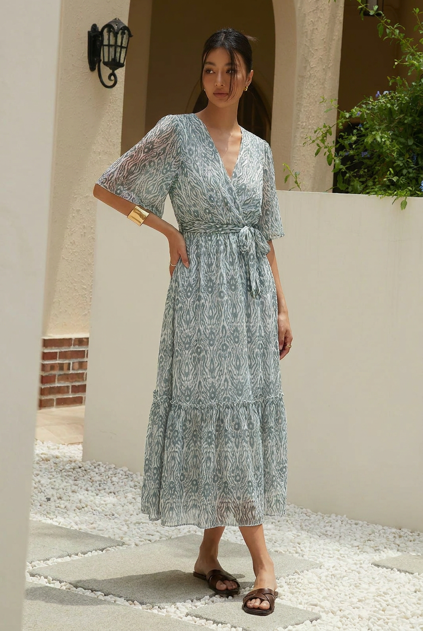 Vestido largo fluido con estampado plisado drapeado - 2