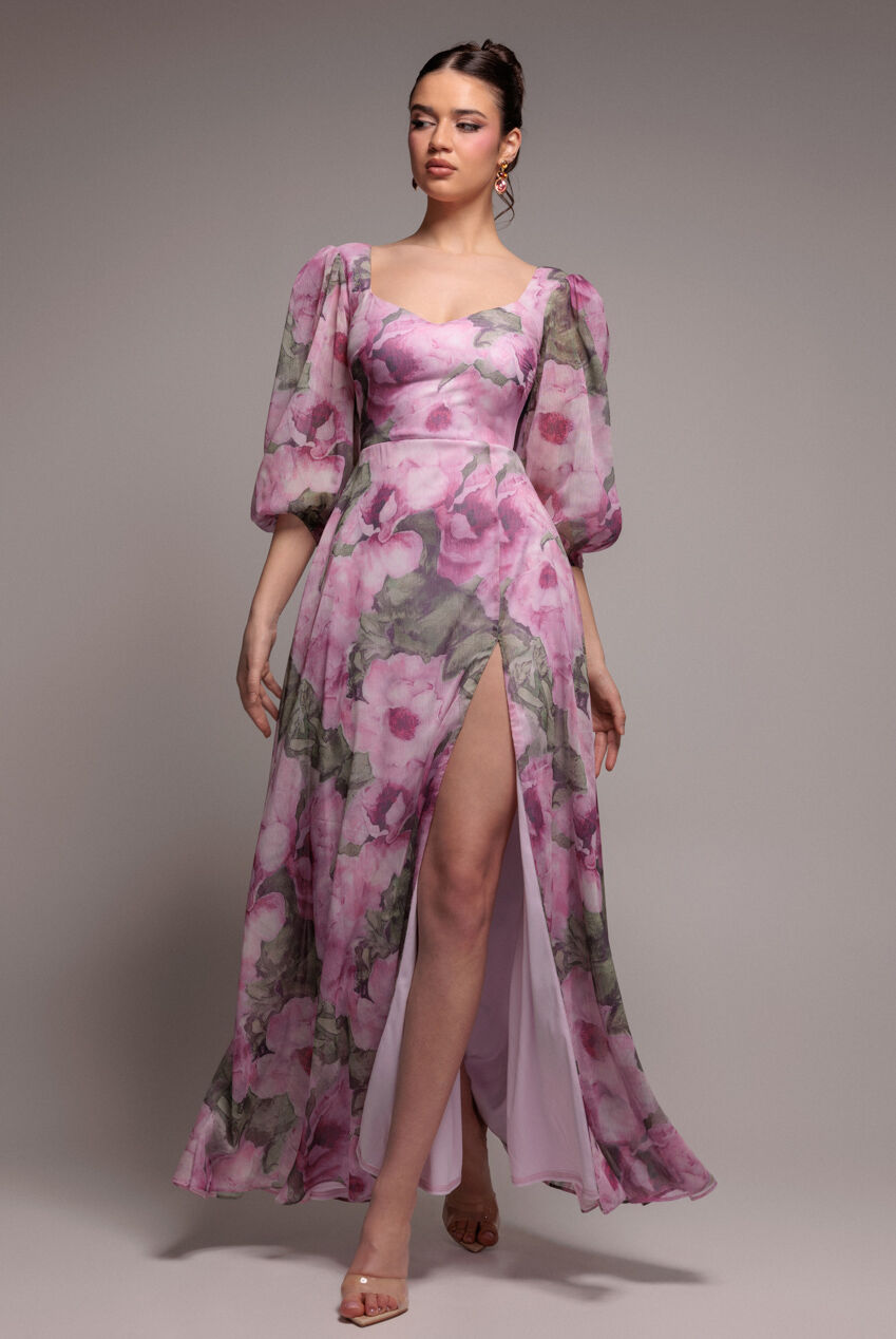 Maxikleid aus bedrucktem Chiffon mit Puffärmeln in A-Linie DR4550