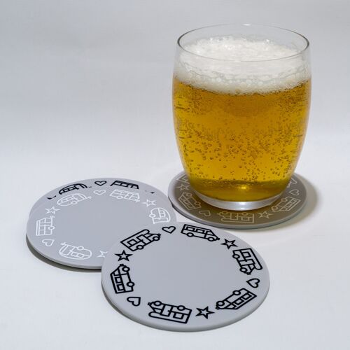 Coaster, Camper, grey with white and black print
