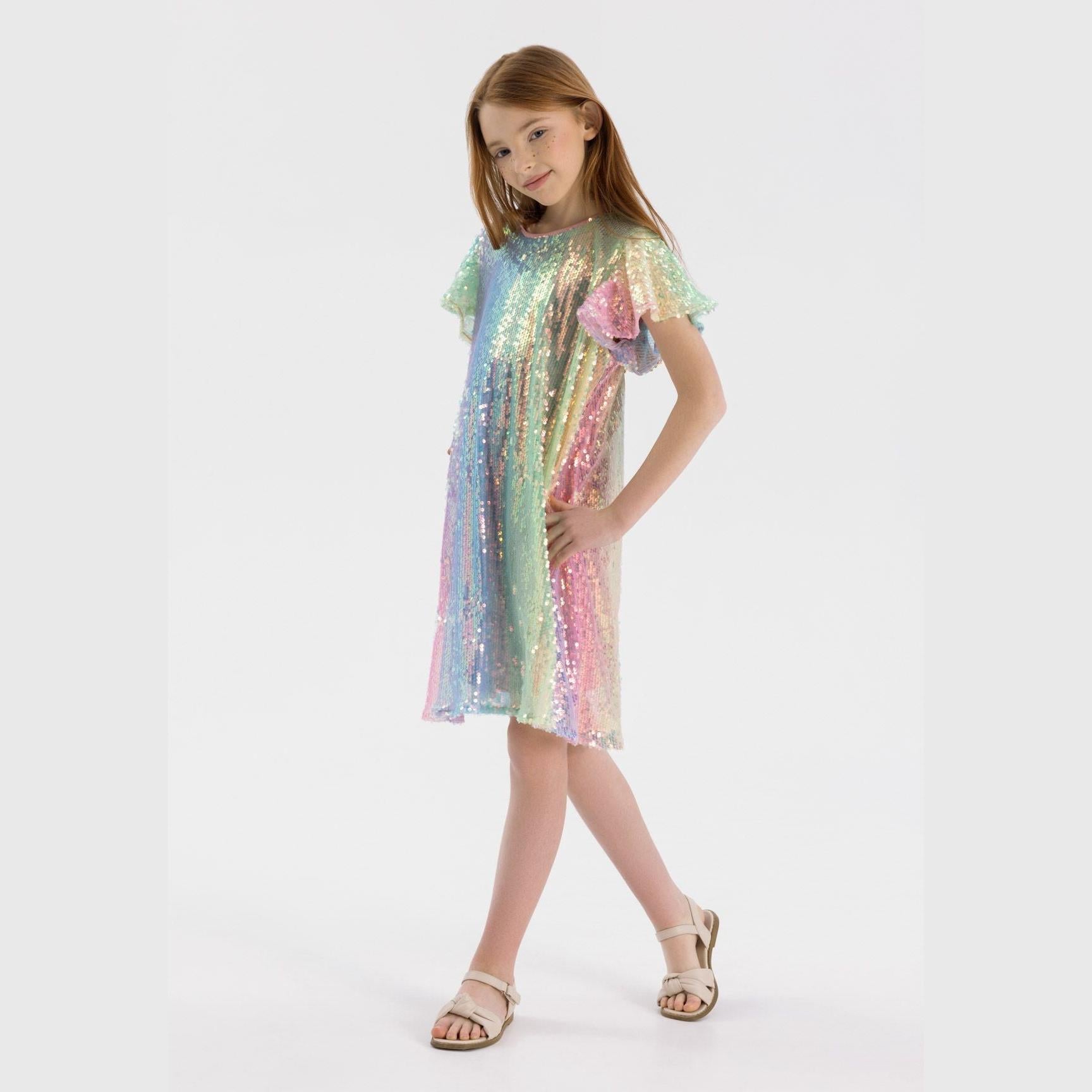 Sequin Dress Flutter Sleeves, Multicolour Rainbow