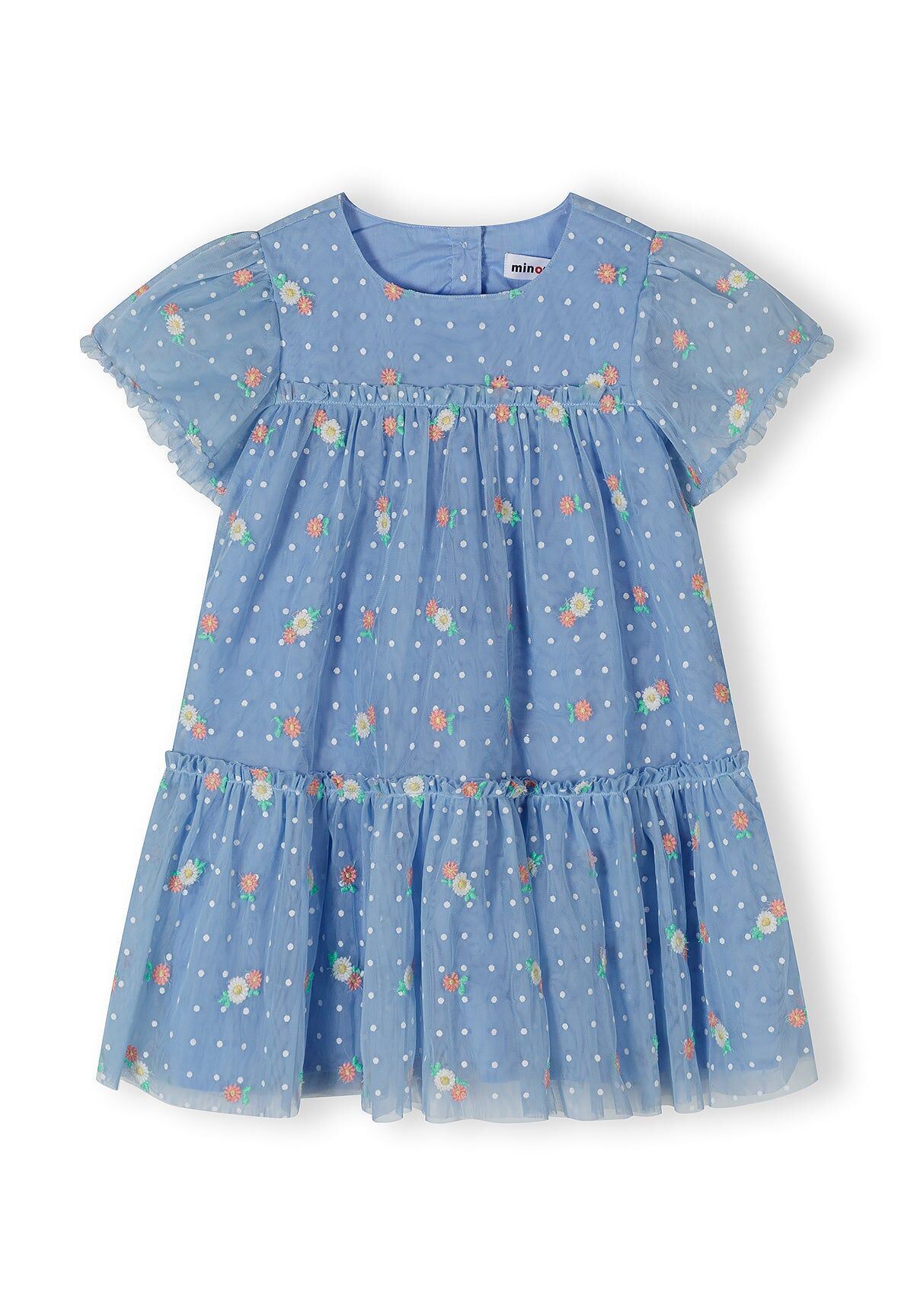 Tiered Tulle Dress, Floral Embroidery, Blue