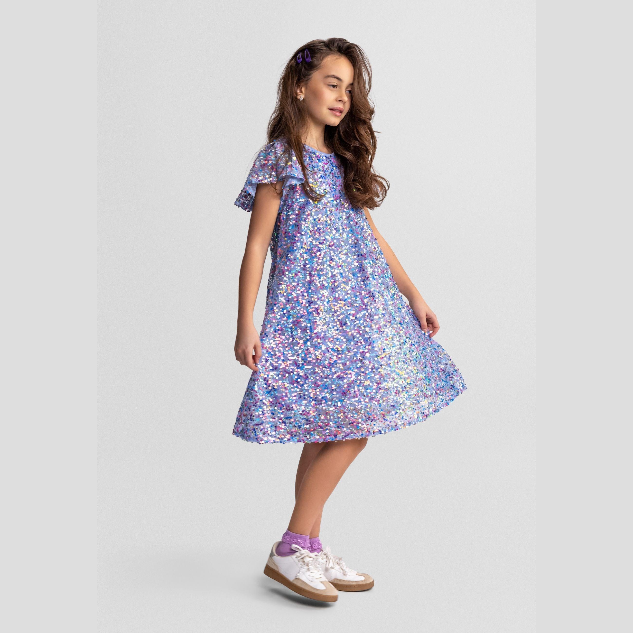 Sequin Party Dress, Blue, A-Line Flared Sleeves