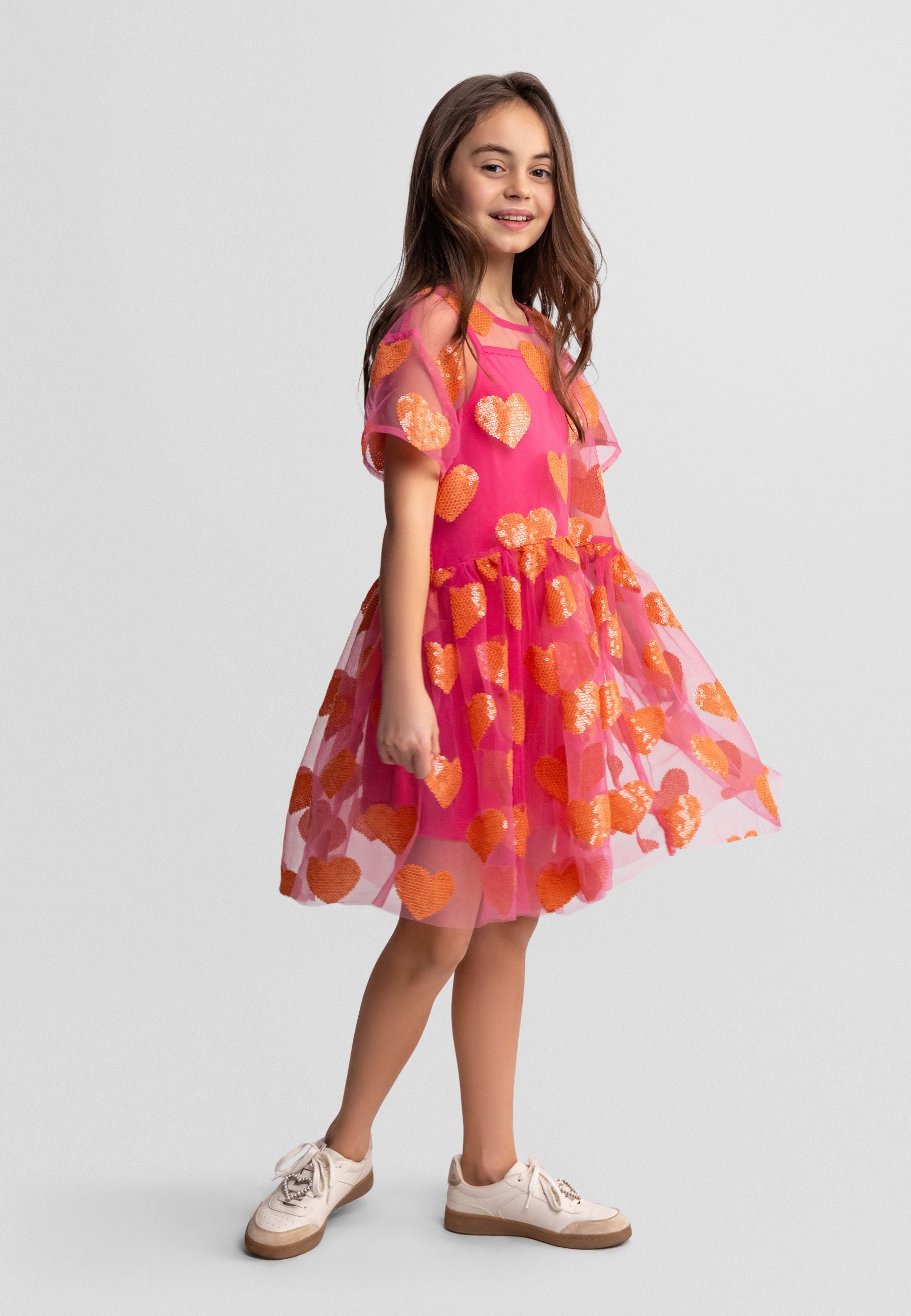 Sequin Heart Tulle Dress, Pink