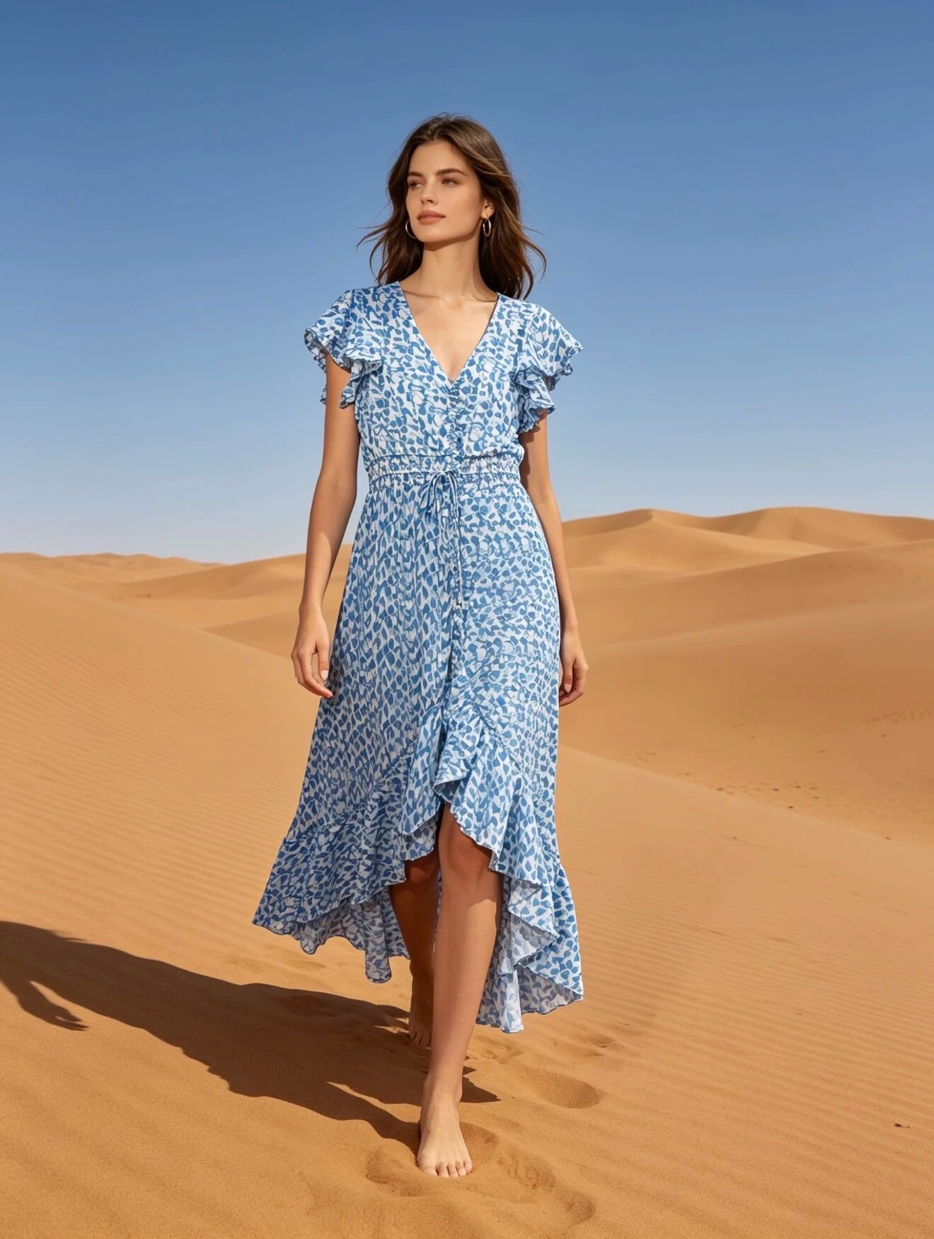 Asymmetrisches Maxikleid mit Printmuster, V-Ausschnitt und Knopfleiste vorne.
