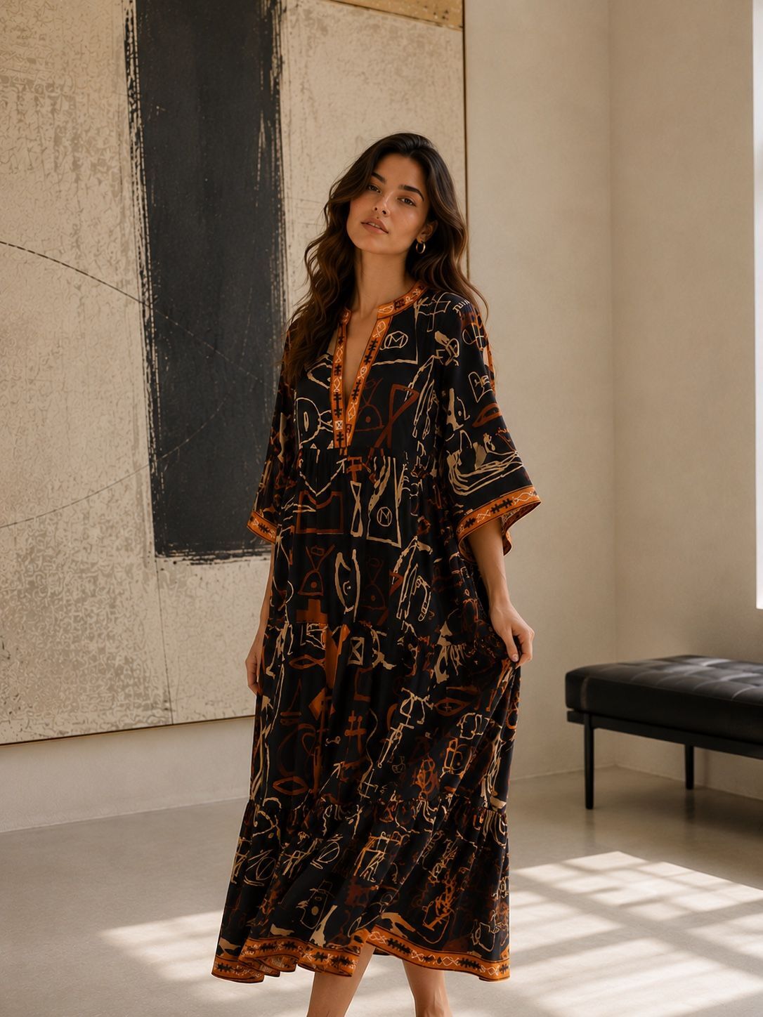 Long bohemian printed cotton dress