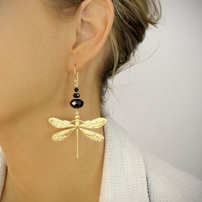 Boucles d'oreilles libellule dorées avec cristaux noirs
