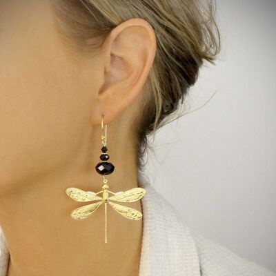 Gold dragonfly earrings with black crystals