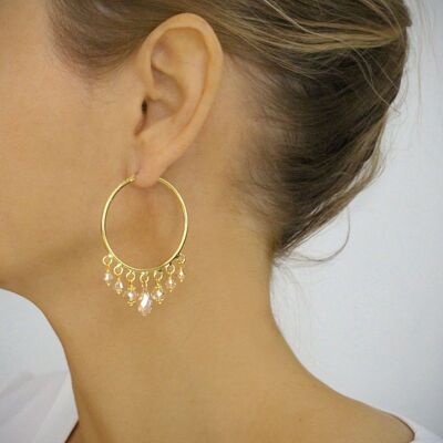 Gold hoop earrings with golden shadow crystals