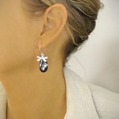 Boucles d'oreilles pendantes libellule en argent et diamant noir