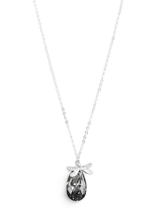 Long silver dragonfly necklace with Black Diamond drop