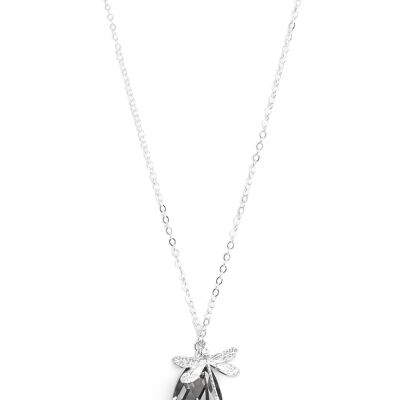 Long silver dragonfly necklace with Black Diamond drop