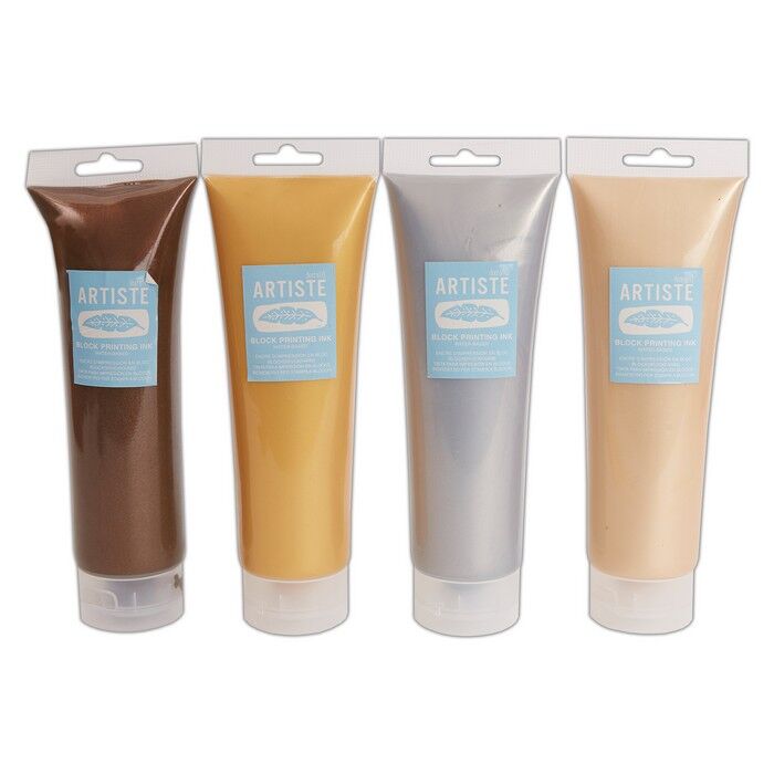 Artiste Water-Soluble Block Printing Ink, Pack of 6 Metallic Colours, 300ml, Block Printing, Lino Printing, Linoleum, Screen Printing, Artists Kit, Printmaking Art Paint Ink Supplies, Water-Based