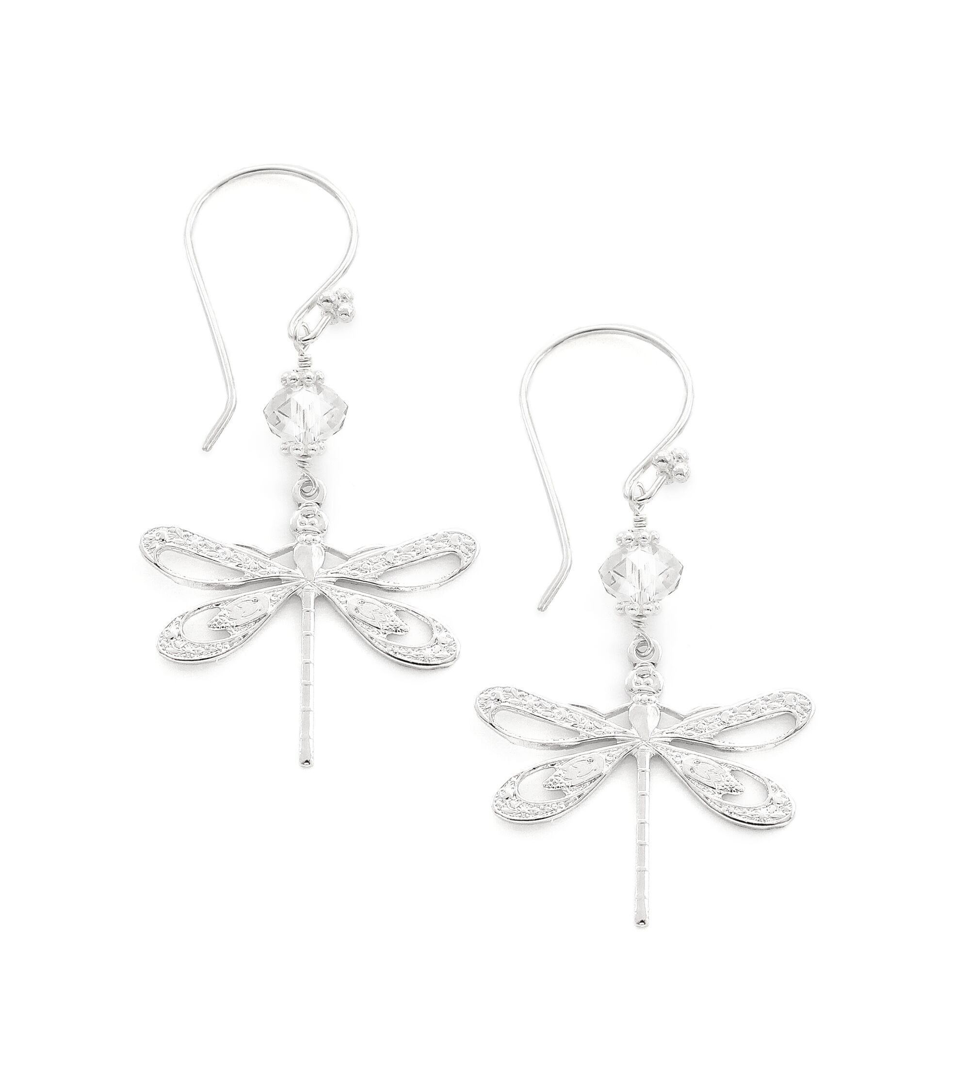 Rhodium plated dragonfly earrings with Silver Shade crystals