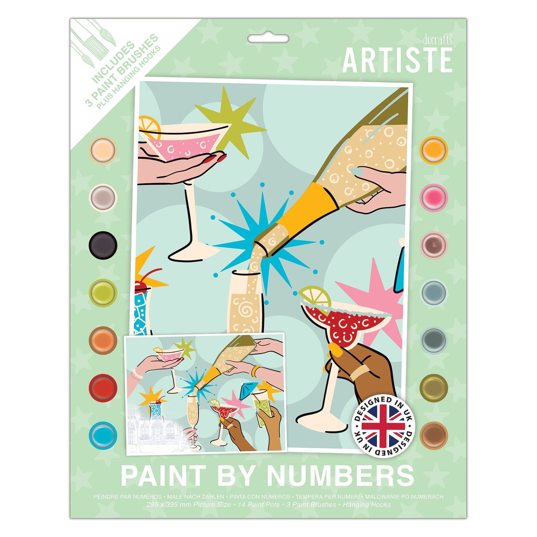 DOCRAFTS ARTISTE Large Paint by Numbers, Cheers, Summer Craft, 395x295mm Board 14 Acrylic Colour Paint 3 Size Brush Set, Adults Craft, Hobbies Craft, Number Coded Design, Personalised Art