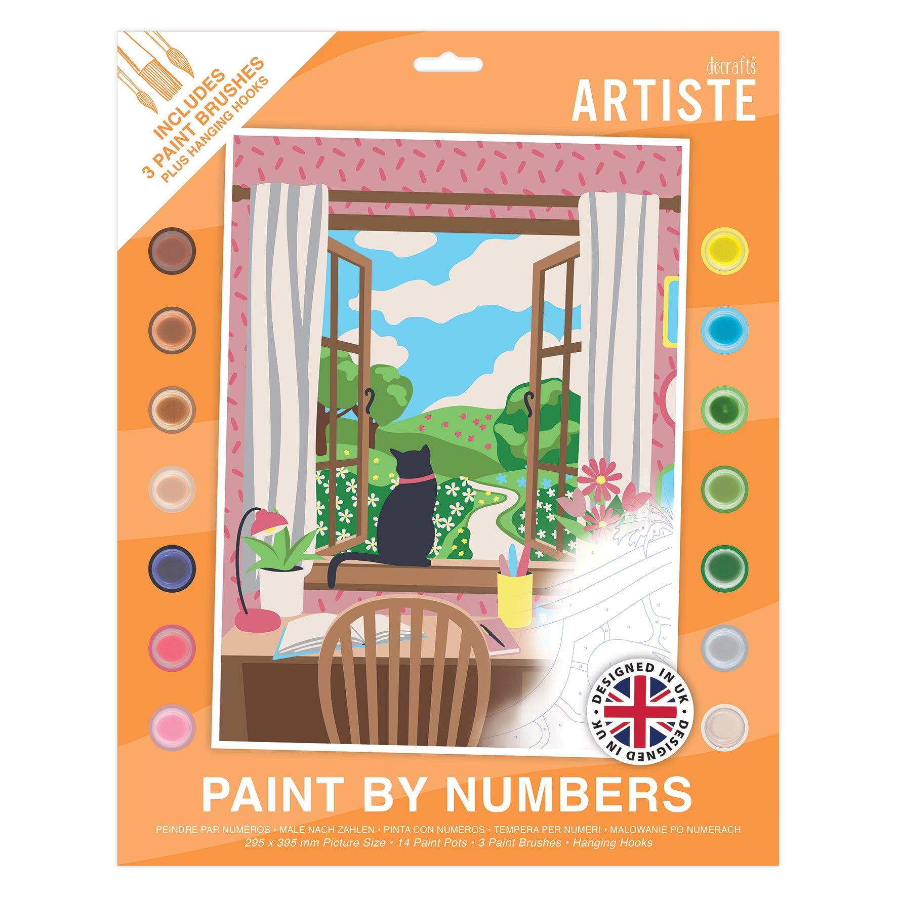 DOCRAFTS ARTISTE Large Paint by Numbers, Window View, Summer Craft, 395x295mm Board 14 Acrylic Colour Paint 3 Size Brush Set, Adults Craft, Hobbies Craft, Number Coded Design, Personalised Art