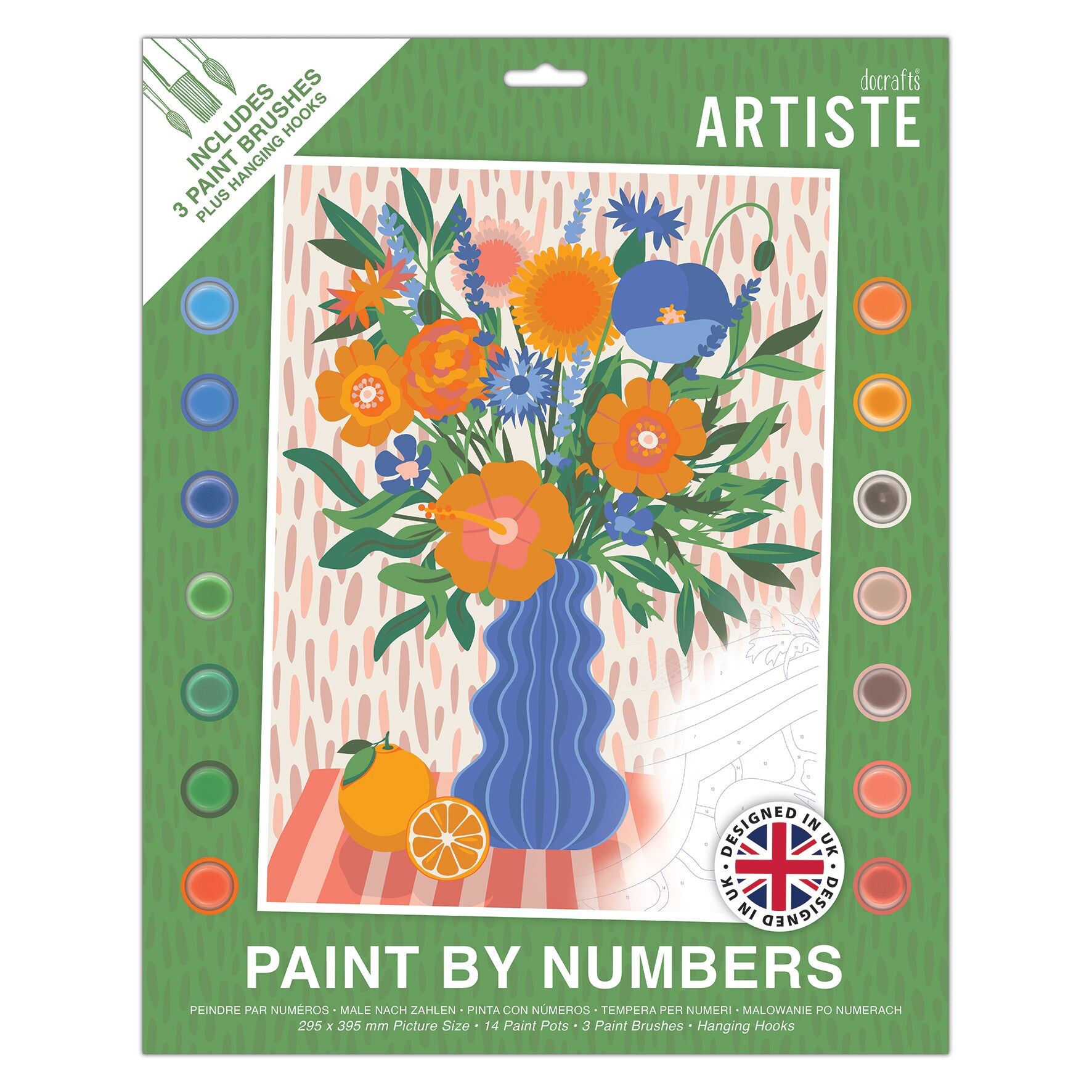 DOCRAFTS ARTISTE Large Paint by Numbers, Floral Still Life, Summer Craft, 395x295mm Board 14 Acrylic Colour Paint 3 Size Brush Set, Adults Craft, Hobbies Craft, Number Coded Design, Personalised Art
