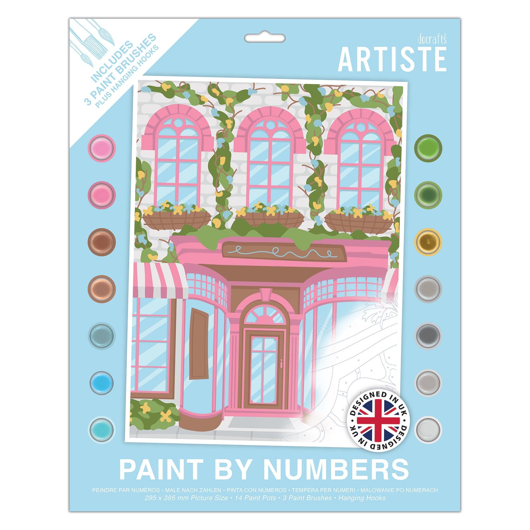 DOCRAFTS ARTISTE Large Paint by Numbers, Shop Front, Summer Craft, 395x295mm Board 14 Acrylic Colour Paint 3 Size Brush Set, Adults Craft, Hobbies Craft, Number Coded Design, Personalised Art