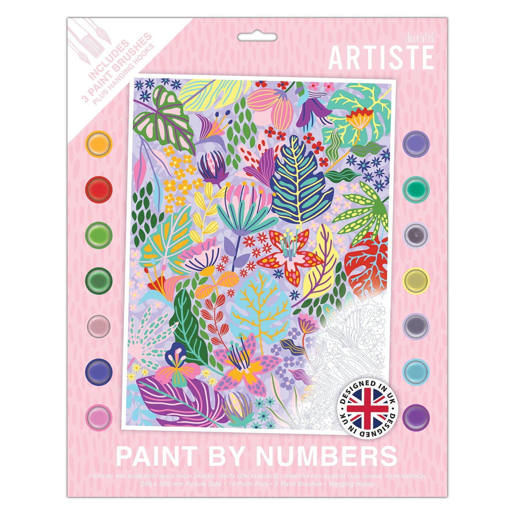 DOCRAFTS ARTISTE Large Paint by Numbers, Abstract Floral, Summer Craft, 395x295mm Board 14 Acrylic Colour Paint 3 Size Brush Set, Adults Craft, Hobbies Craft, Number Coded Design, Personalised Art