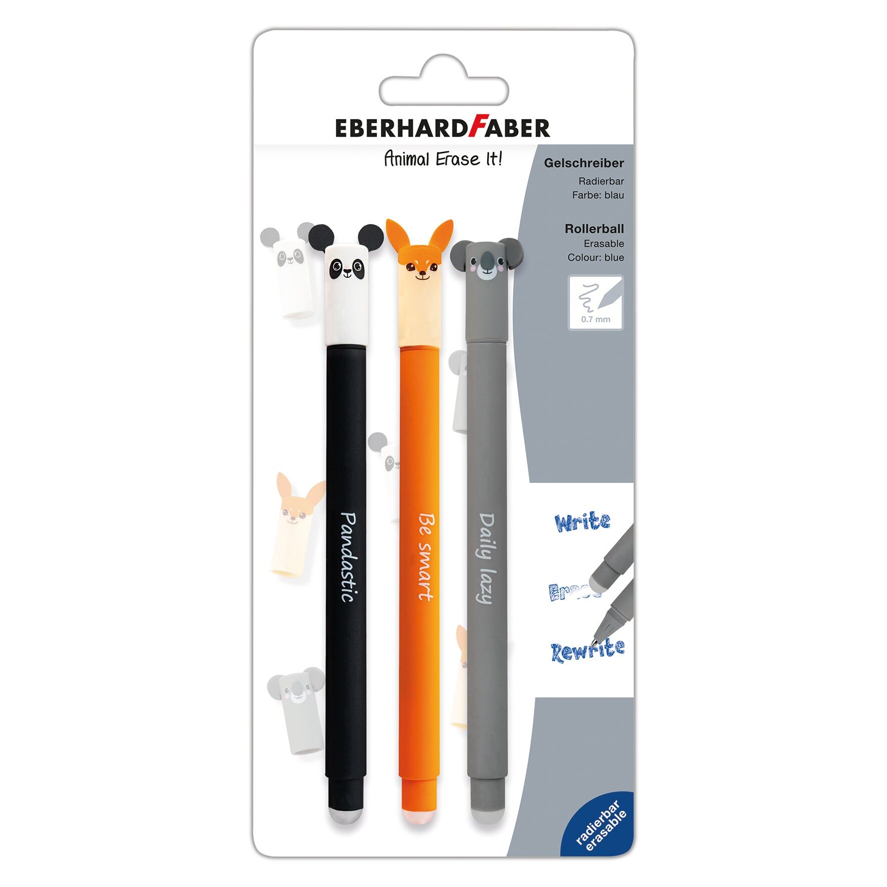 Eberhard Faber Animal Erase It! Pens 3 Pen Blistercard, Writing, Blue Ink, 0.7mm Line Width, Refillable Writing Pens, With Eraser, Handwriting Stationery Supplies, Blue Coloured Ink Pens