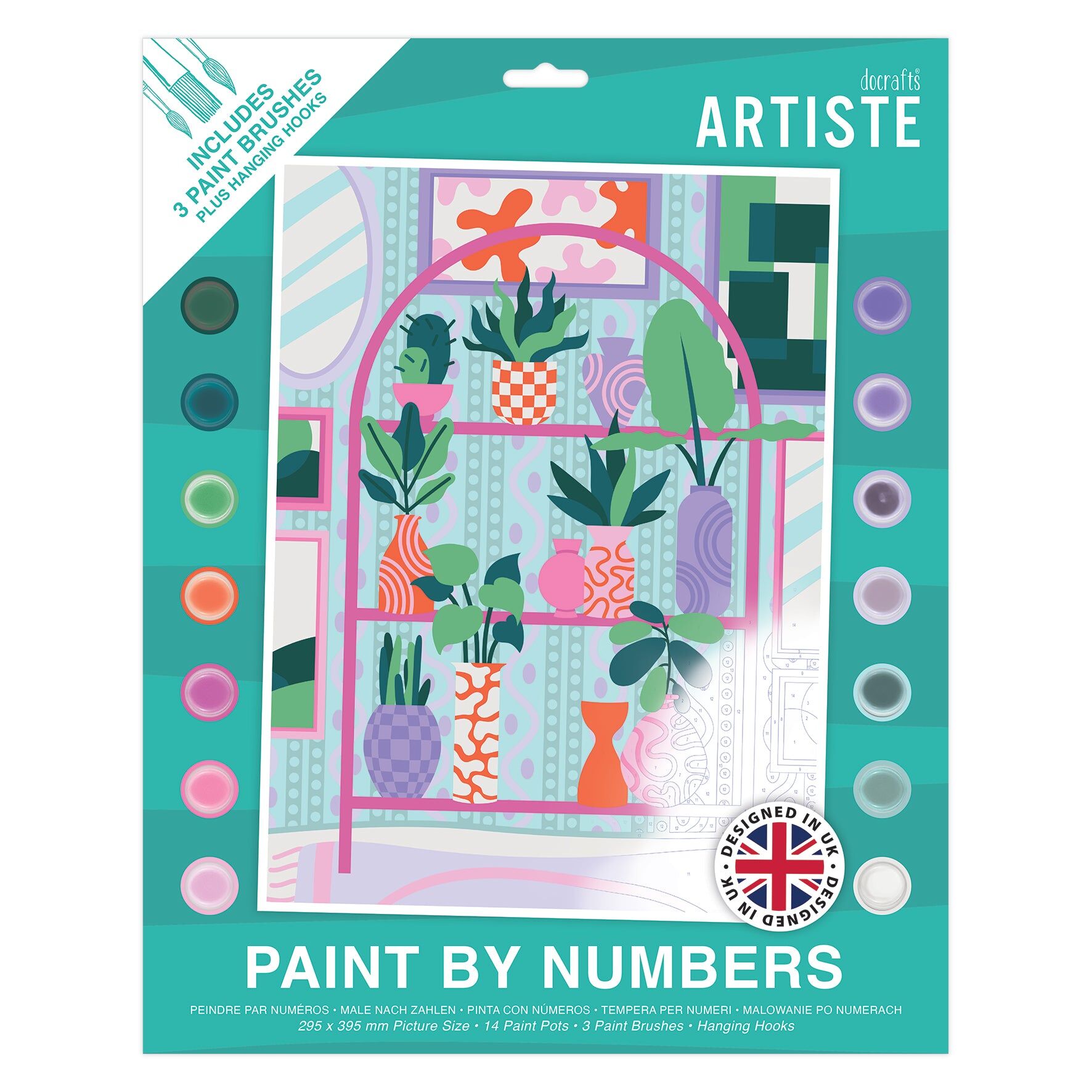 DOCRAFTS ARTISTE Large Paint by Numbers, House Plants, Summer Craft, 395x295mm Board 14 Acrylic Colour Paint 3 Size Brush Set, Adults Craft, Hobbies Craft, Number Coded Design, Personalised Art